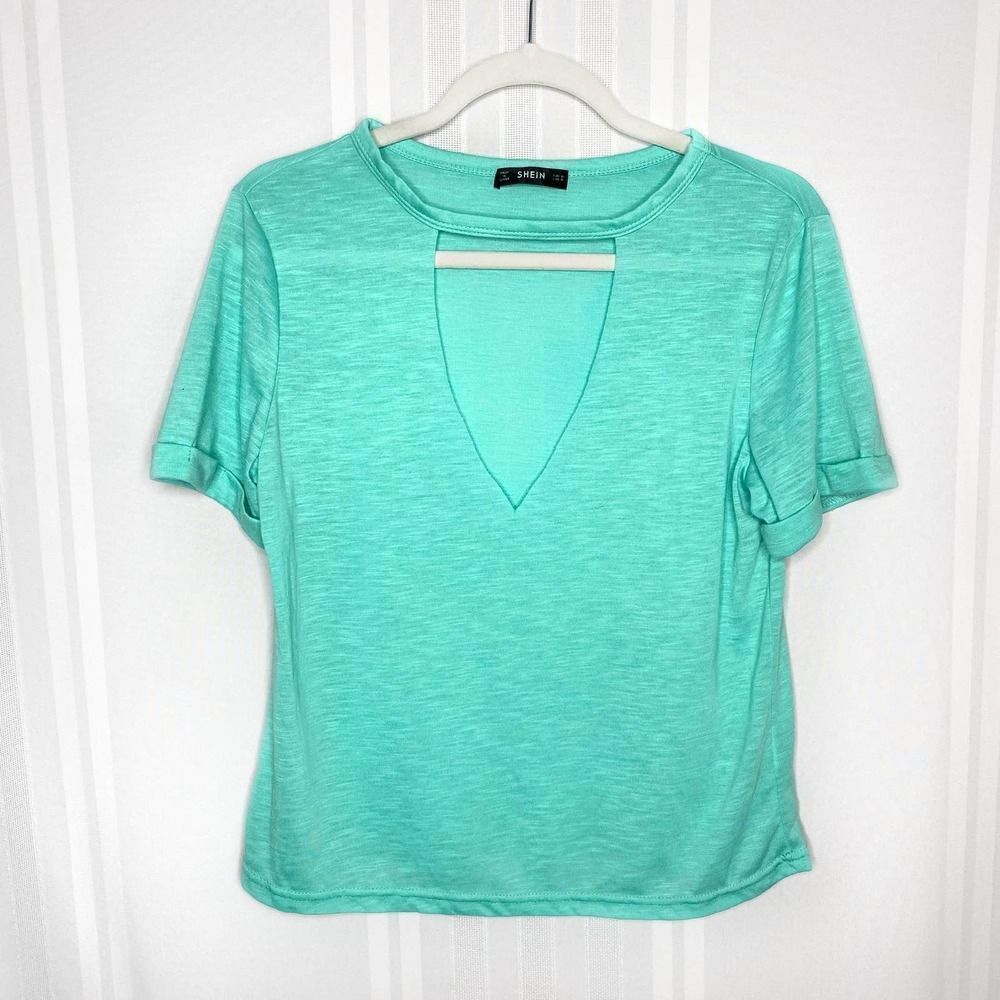 Shein Short Cuffed Sleeve Cutout Keyhole V-Neck Top Medium Blue Green Heathered